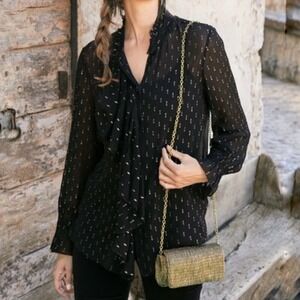 Peruvian Connection  Byron Shirt Black Gold Metallic Ruffle Tie Neck Blouse Top